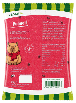 Pulmoll Junior Capy Freshgummis, Rückseite mit Zutaten und Nährwerten